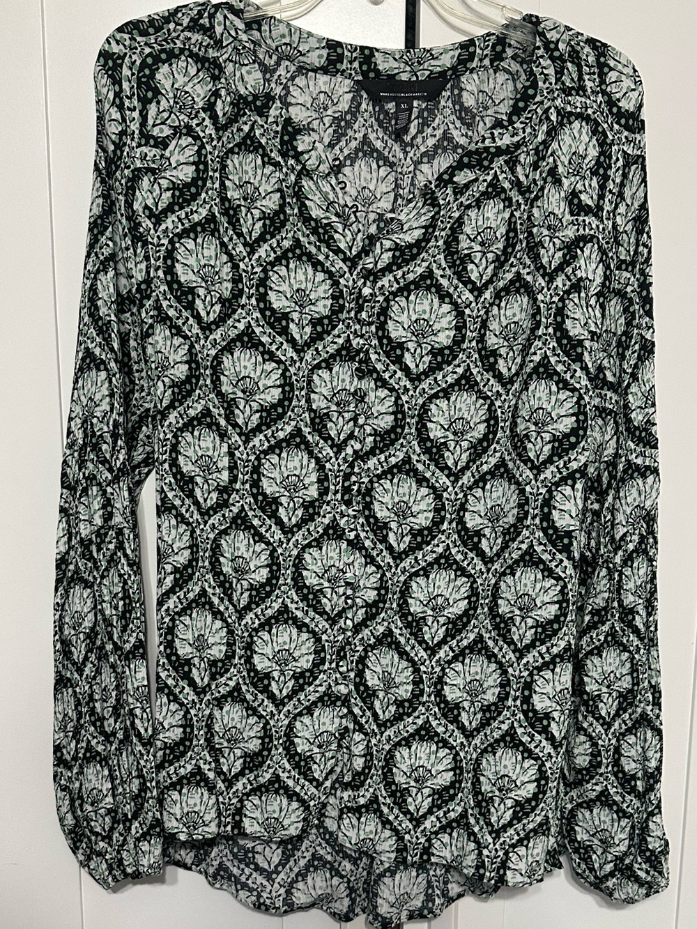 White House Black Market Black, White & Green Paisley Button-Front Top